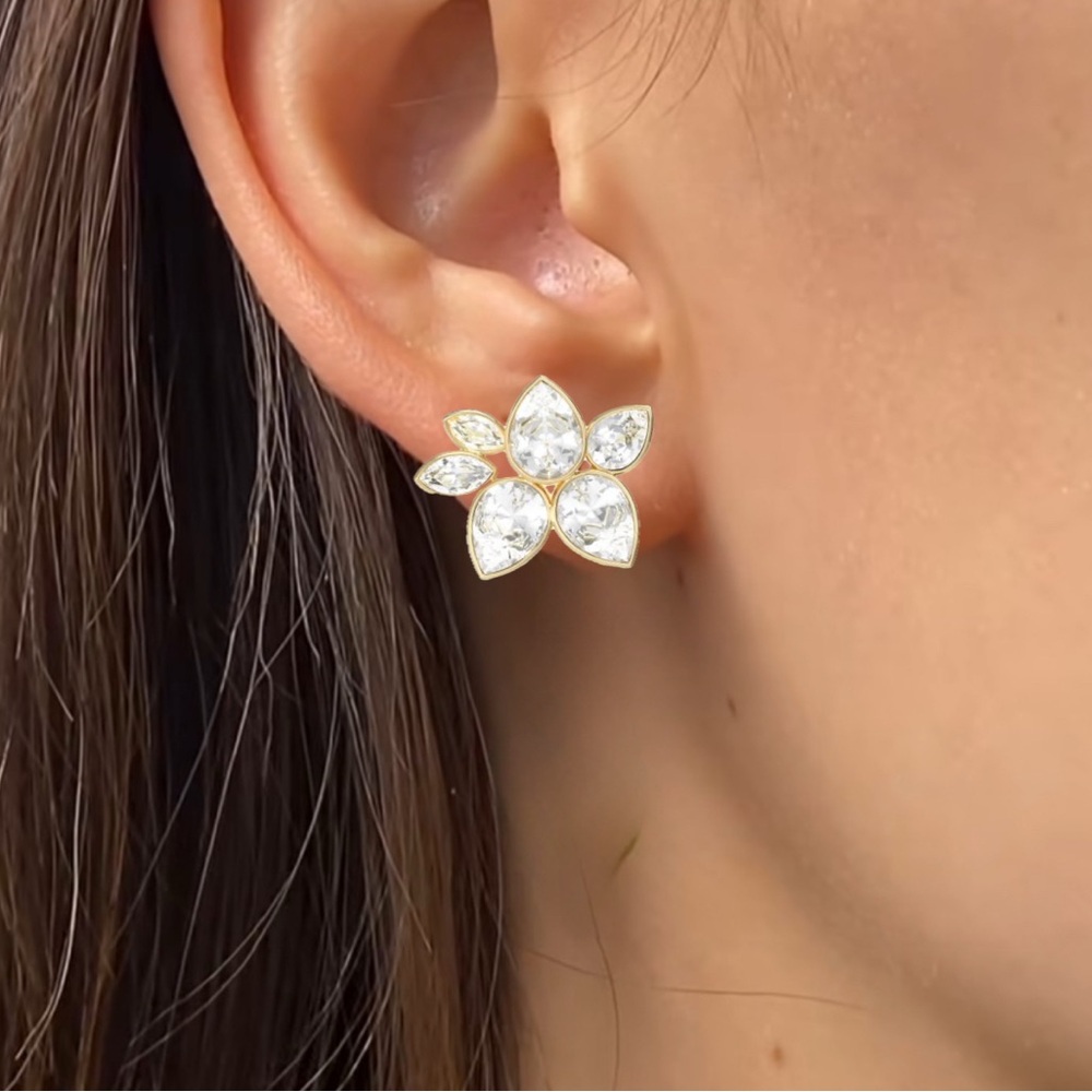 Gold plated and Swarovski Crystal earrings in floral motif marquise cut BNIB